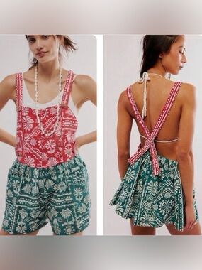 Free People Palm Bay Printed Romper L Red Green Tropical Shortalls BNWT Boho